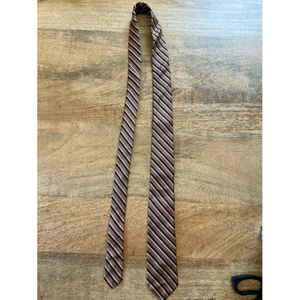Douglas Paquette Striped Necktie in Brown with Burgundy and Ivory Accent SILK